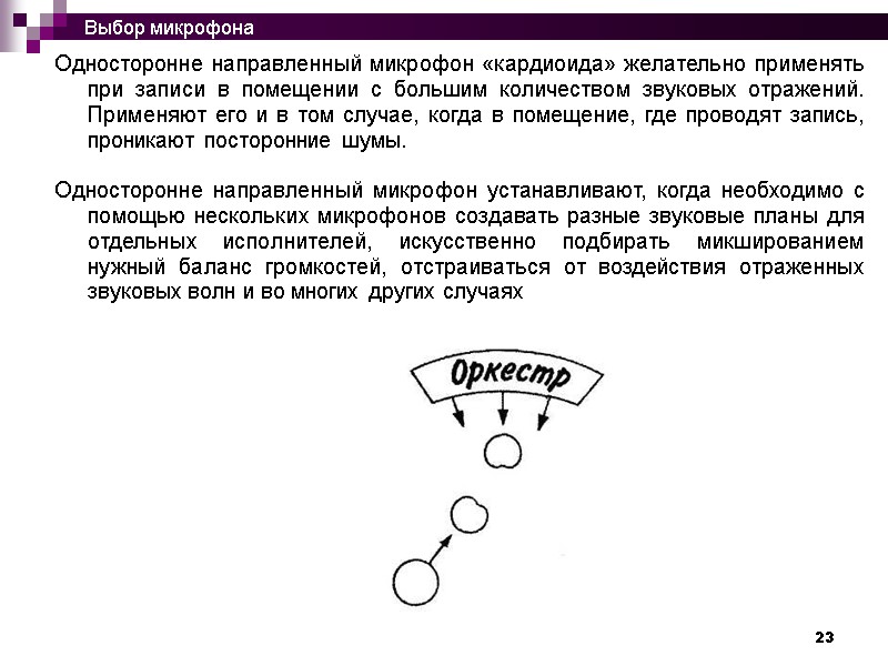 23 Односторонне направленный микрофон «кардиоида» желательно применять при записи в помещении с большим количеством